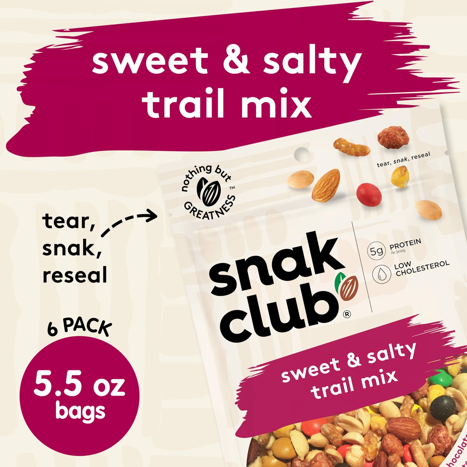 Snak Club Sweet and Salty Trail Mix with 5.5 Ounce (Pack of 6), Purple Label