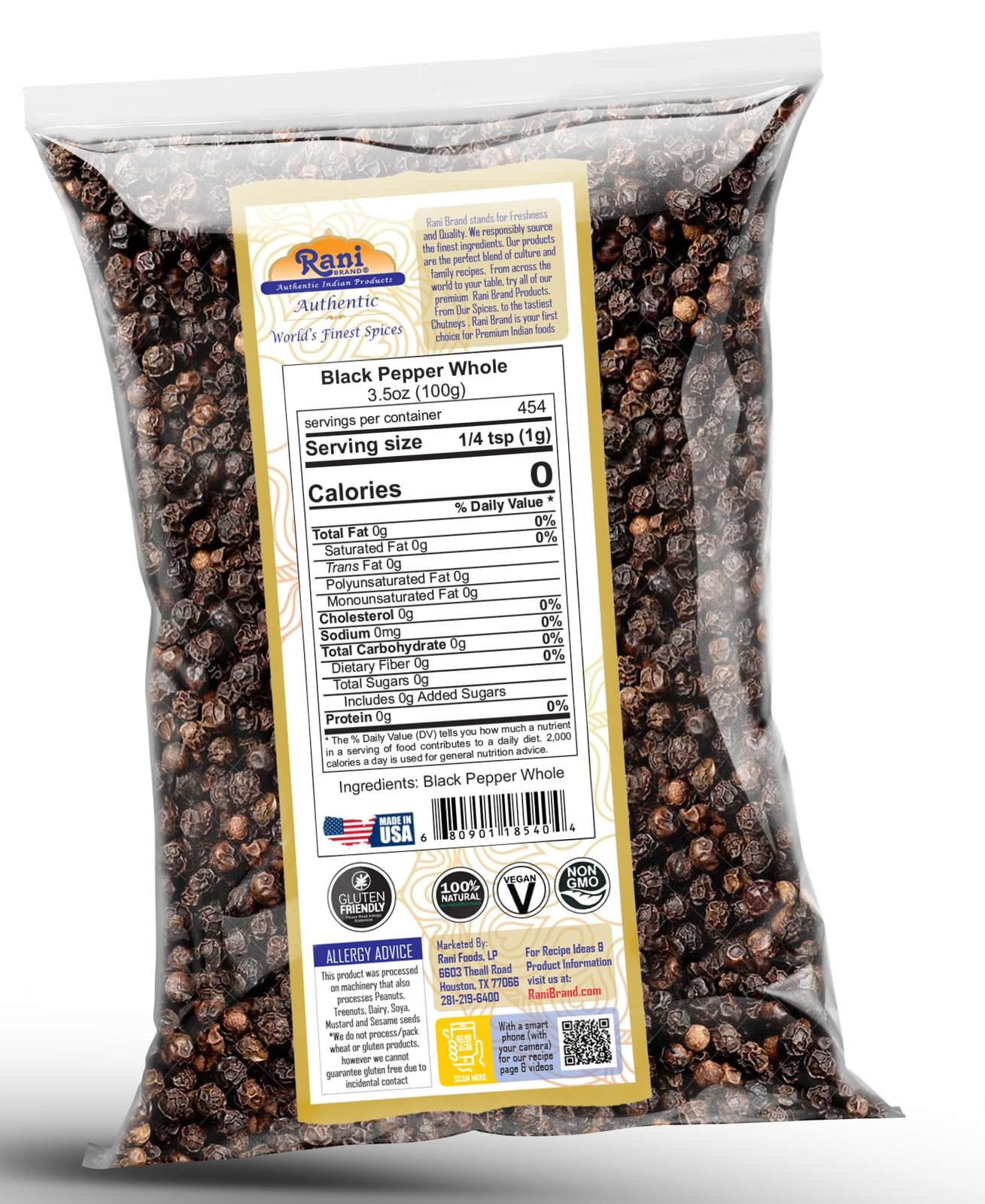 Rani Black Pepper Whole (Peppercorns), Premium Indian MG-1 Grade 3.5oz (100g)