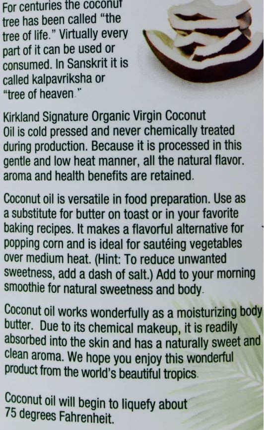 Kirkland 100% USDA Organic Coconut Oil Virgin Cold Pressed Unrefined, 84 FL OZ