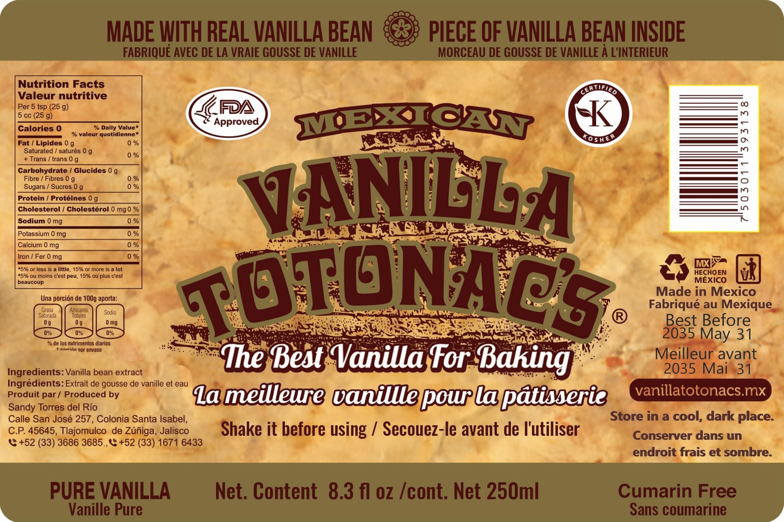 Mexican Vanilla Totonac’s – 8.3 Oz 250 mL Bottle – Pure Vanilla Extract