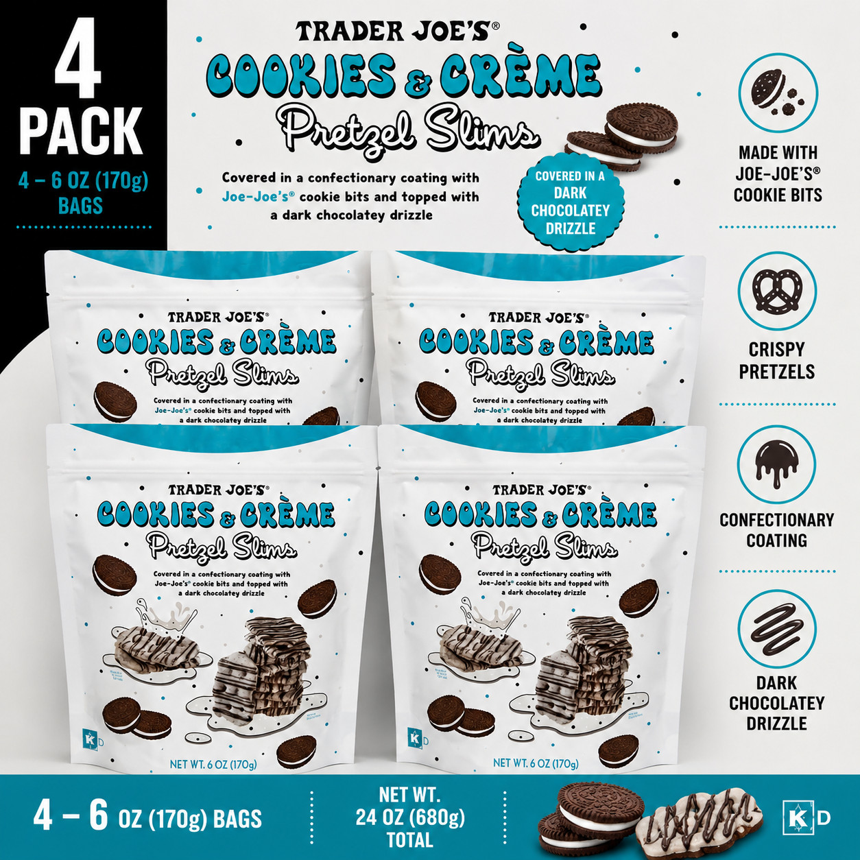 4-Pack Trader Joe’s Cookies & Creme Pretzels Slims ~ 6 Oz each (Pack of 2)
