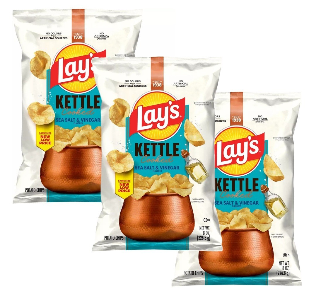 Lay’s Kettle Cooked Sea Salt & Vinegar Potato Chips Tangy 8 Oz. (3 Bags)