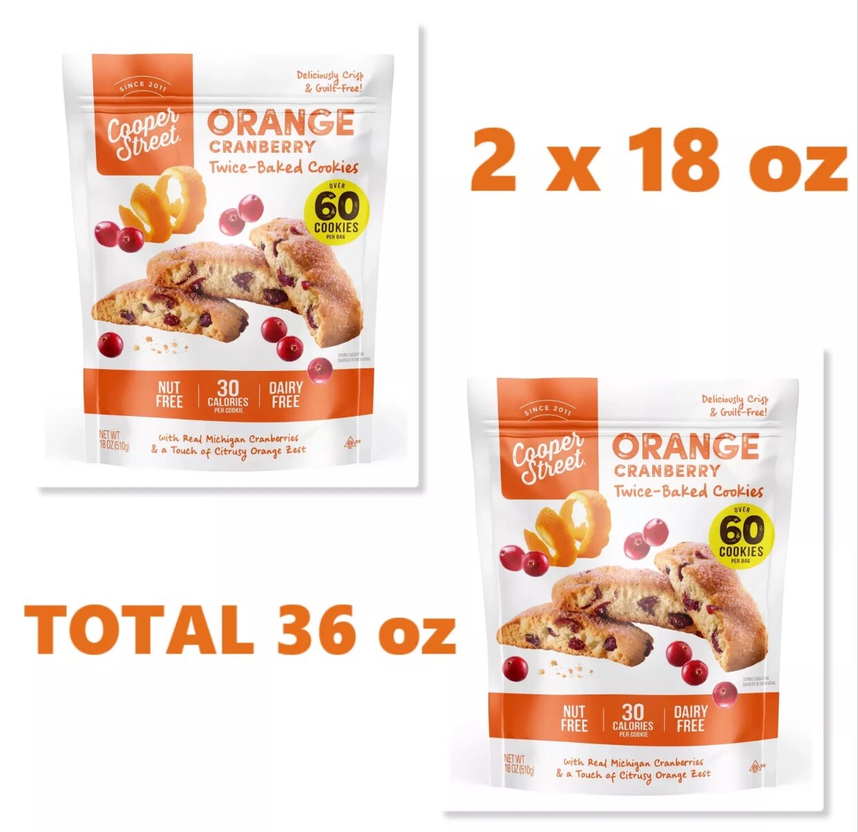 **2 Packs **Cooper Street Orange Cranberry Cookies ( 18 oz. Each )