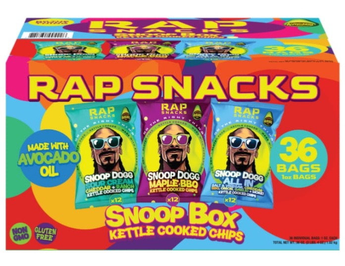 Rap Snacks Snoop Box Kettle Chips 36-Ct 1oz -Sour Cream Salt N Vinegar Mape BBQ