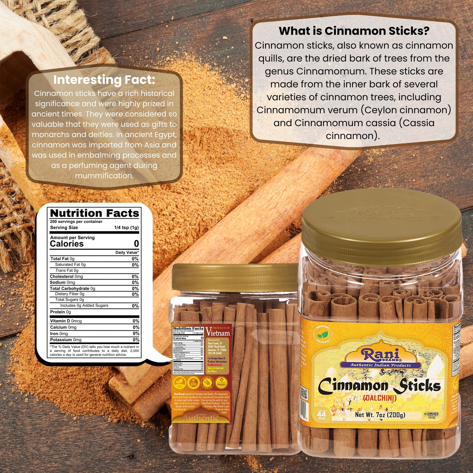 Rani Cinnamon Sticks 7oz (200g) ~ 36-44 Sticks, 3 Inches in Length PET Jar