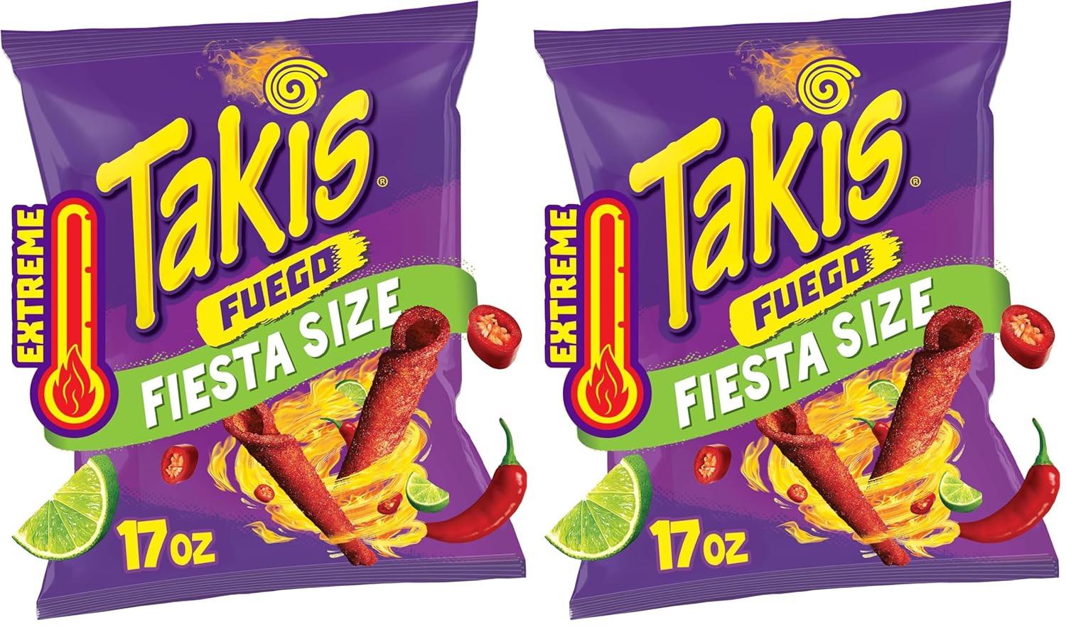 Fuego 17 Oz Fiesta Size Bag, Hot Chili Pepper & Lime Flavored Extreme Spicy Roll