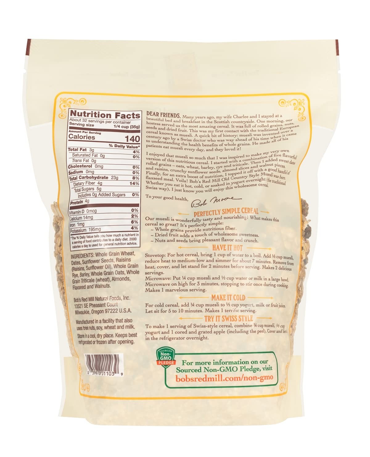 Old Country Style Muesli 40oz Pack of 4 Non GMO Whole Grain Vegan Kosher