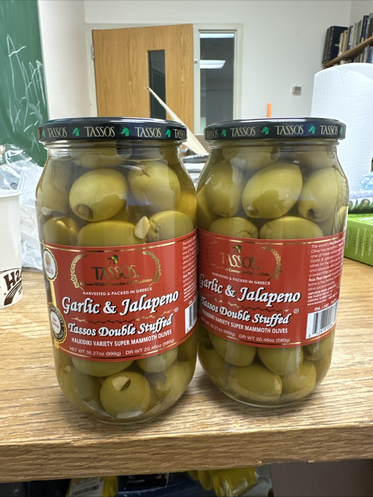 Tassos Garlic & Jalapeno Double Stuffed Super Mammoth Olives 2 Glass Jars
