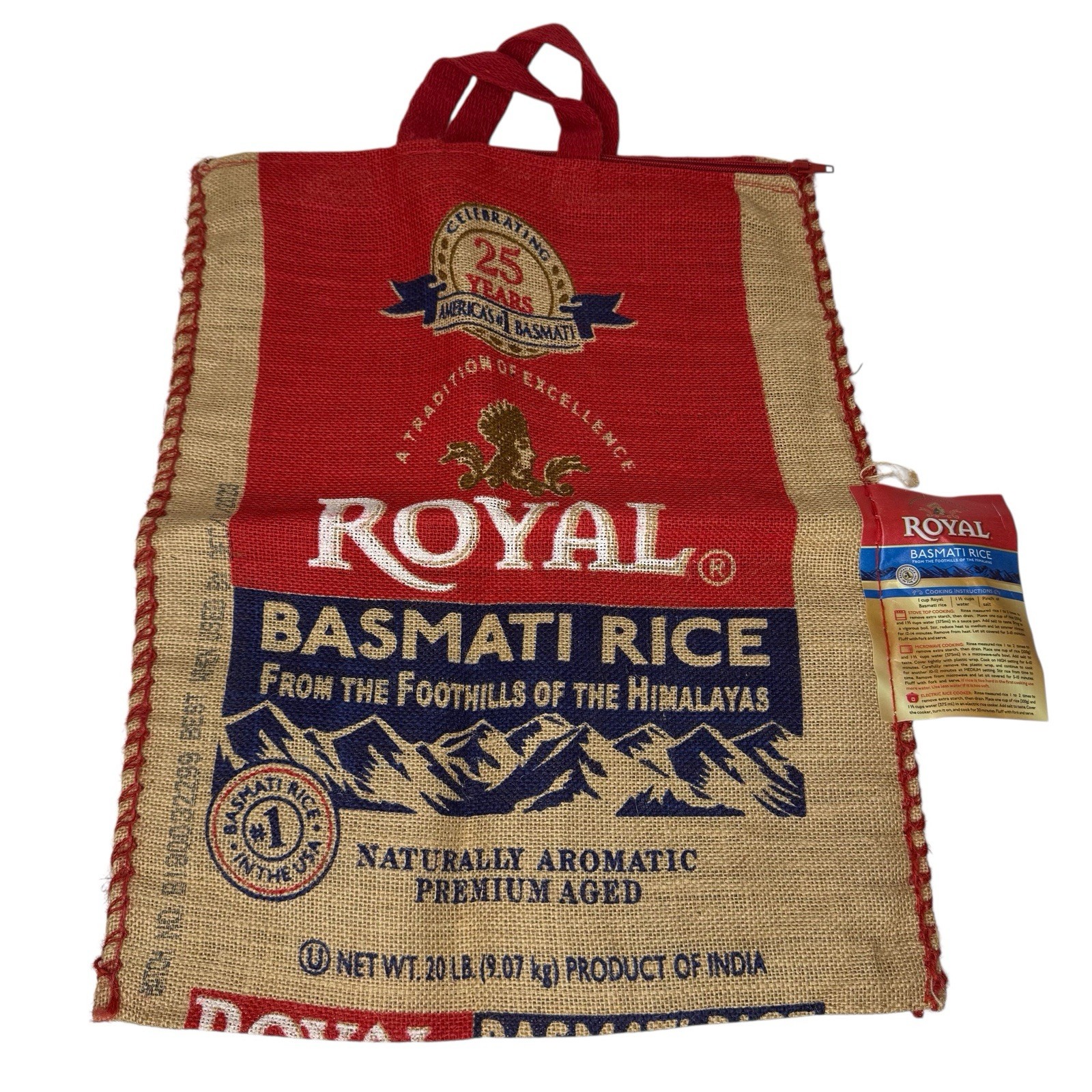 Royal Basmati Rice Bag 20lbs Burlap w Handles Zipper Heavy Duty 25th Anniversary