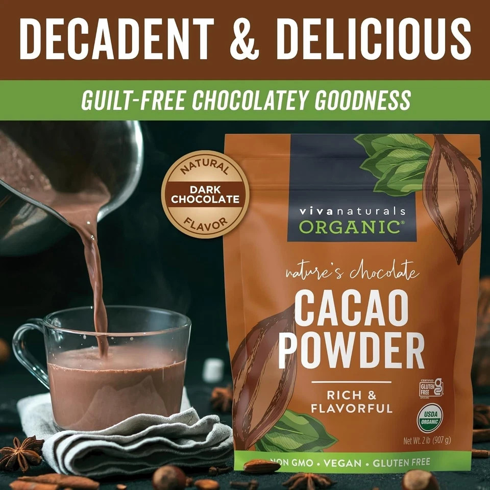 Organic Cacao Powder, Unsweetened, 2 lb 907 g Rich Dark Chocolate Flavor 2 Pound