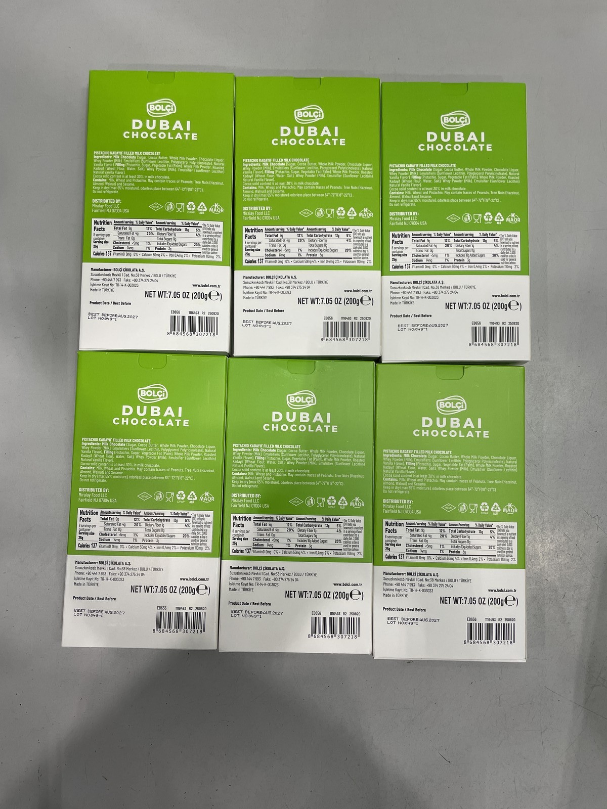 Lot Of 6 Bolci Dubai Chocolate With Kadayif & Pistachio Filling 7.05 oz, 08/2027