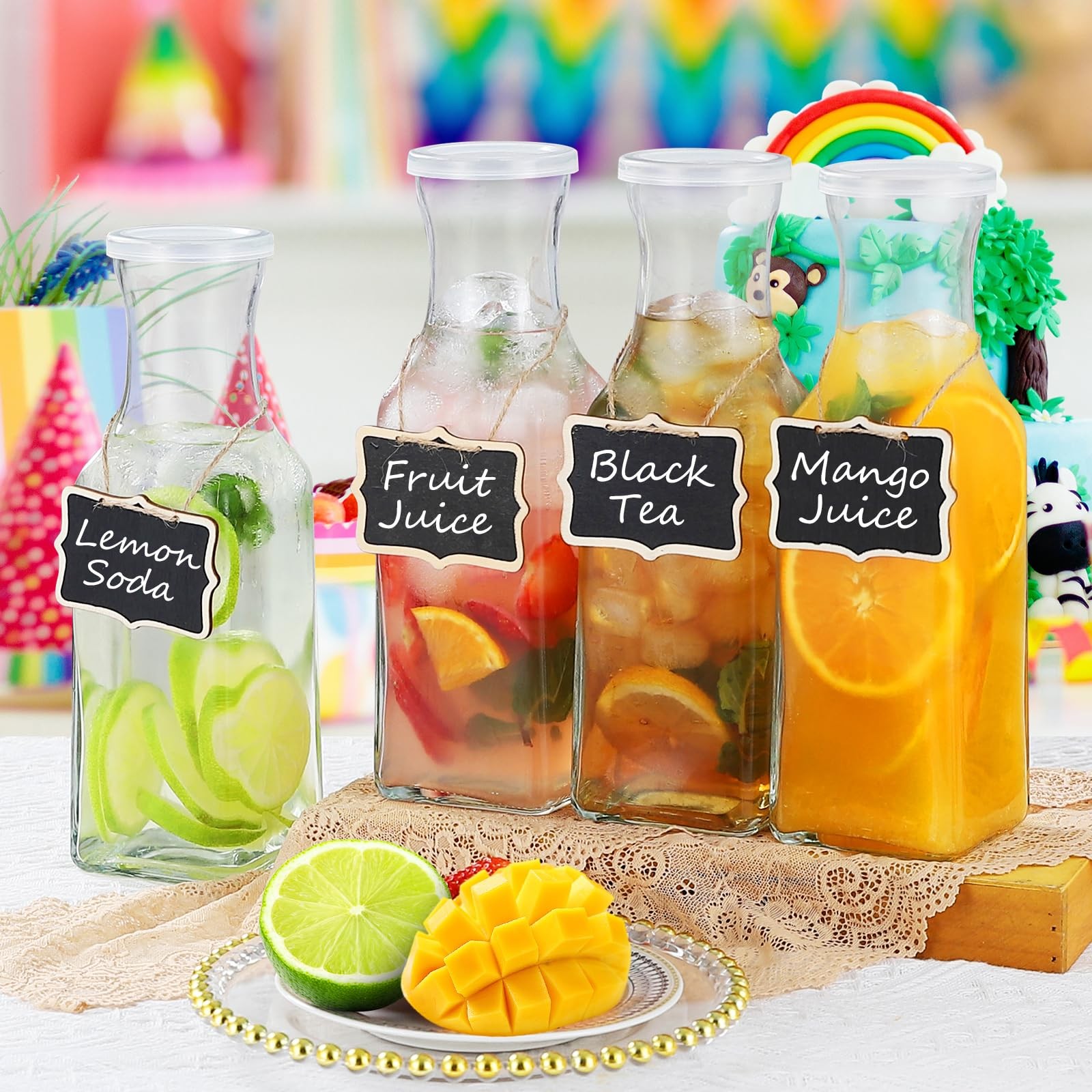 Glass Carafe with Lid, 4Pcs Square Glass Juice Containers 1 Liter Clear BPA Free