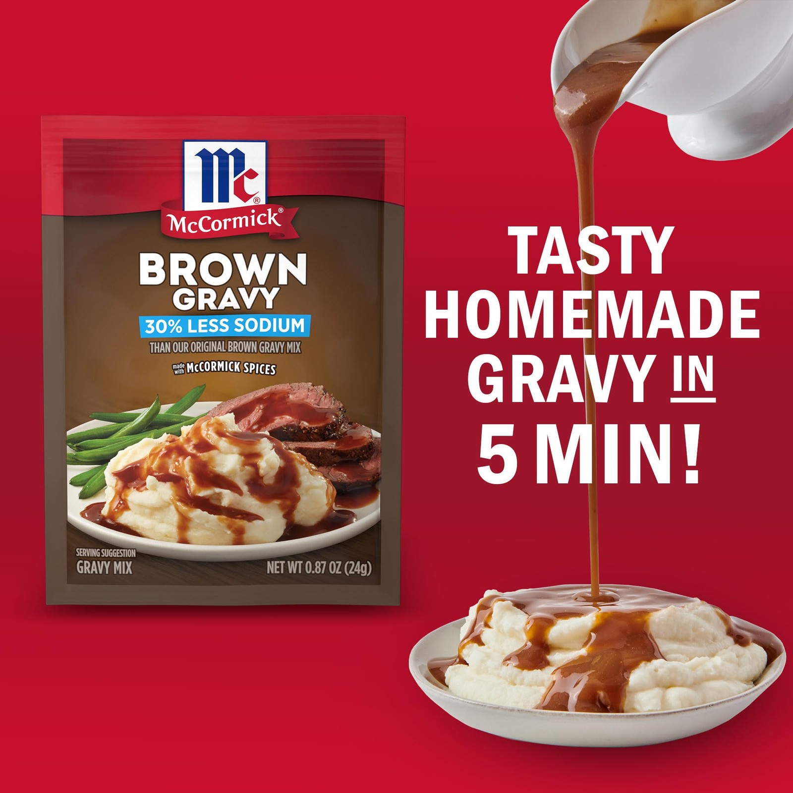 McCormick 30% Less Sodium Brown Gravy Mix, 0.87 oz Ounce (Pack of 12)