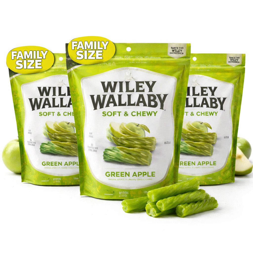 Wiley Wallaby Green Apple Licorice Soft & Chewy Candy 3 Pack Family Size Fresh