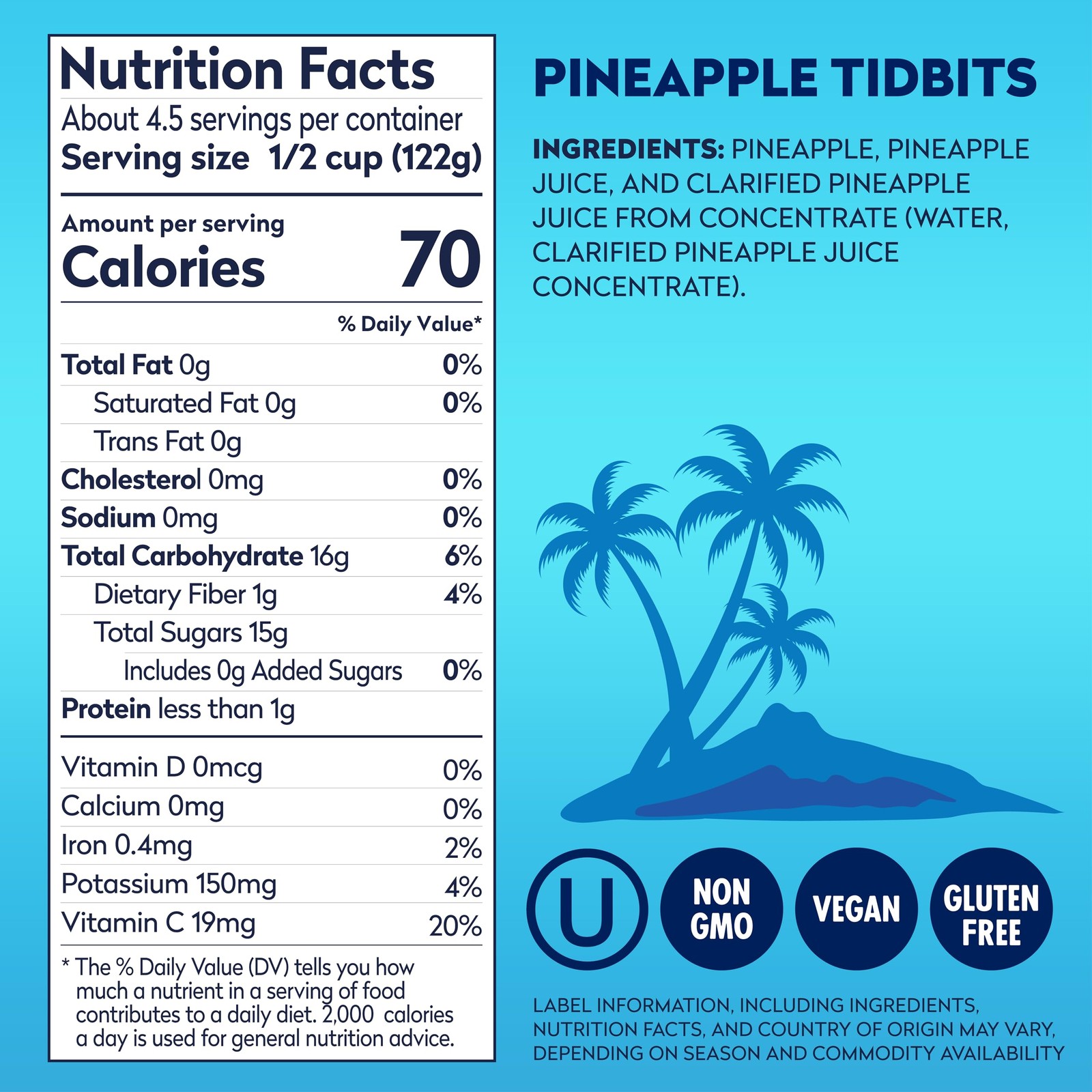 Dole Canned Fruit, Pineapple Tidbits in 100% Pineapple Juice, 20 Oz, 12 Count