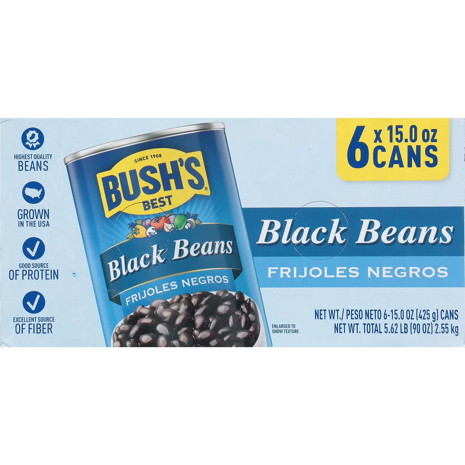 Bush’s Black Beans 15 oz. Cans (6 Pack) Protein Fiber Gluten Free Pantry Staple