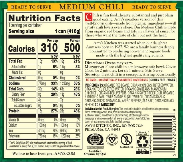 Amy’s Organic Medium Chili – 14.7 oz