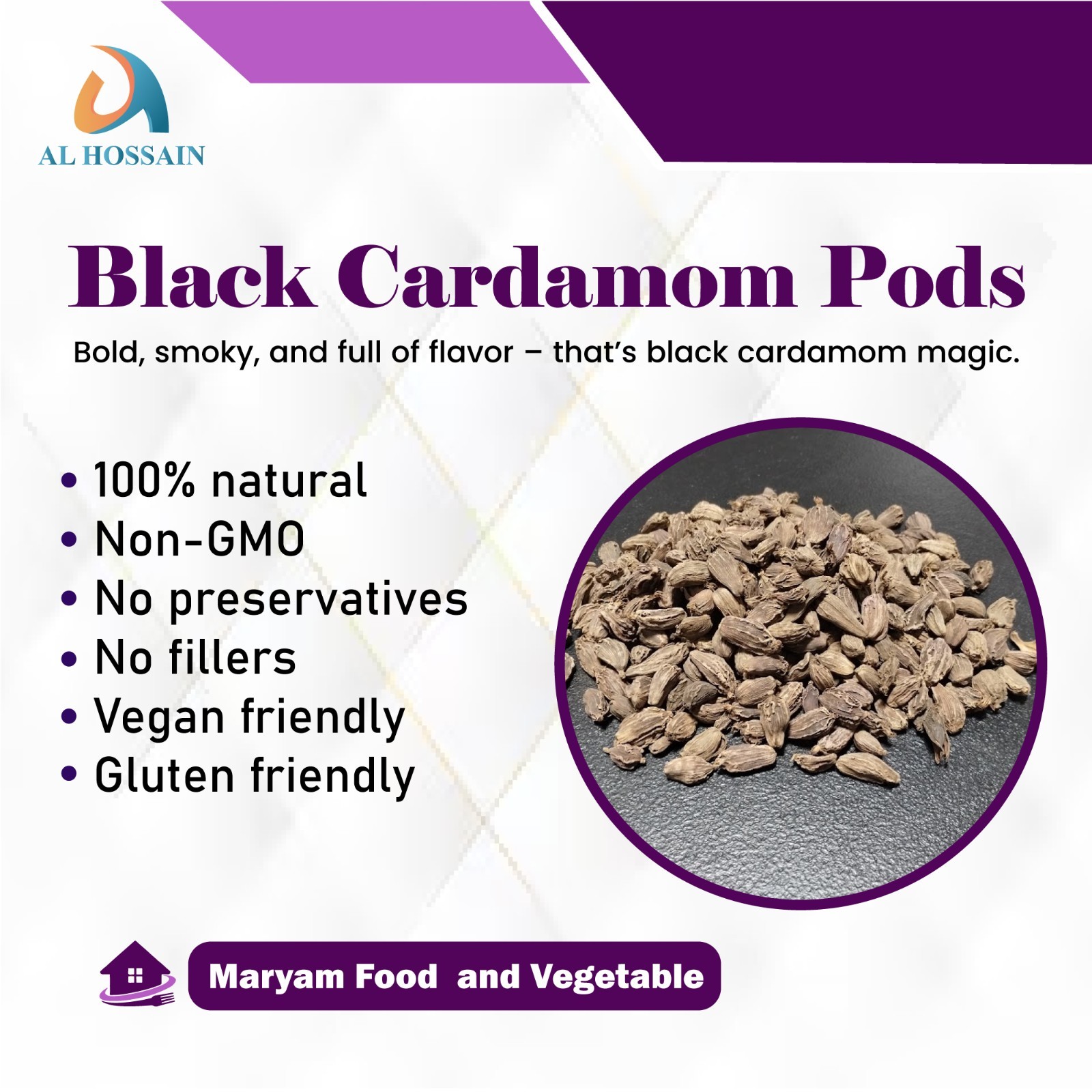Al Hossain Black Cardamom Pods Whole 100g | Smoked Elaichi Spice for Curry