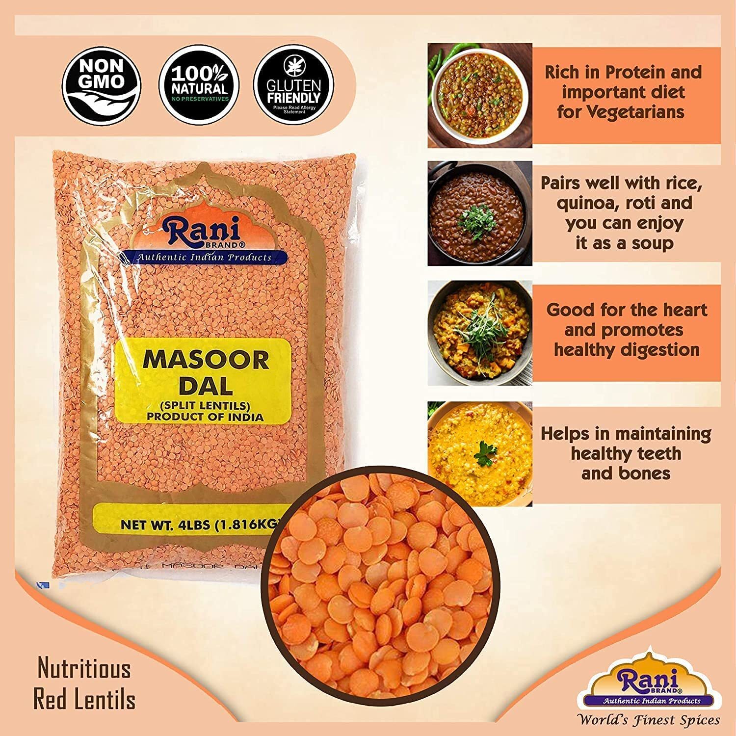 Rani Masoor Dal (Indian Split Red Lentils) Split Gram 8lbs (40lbs) Pack of 5