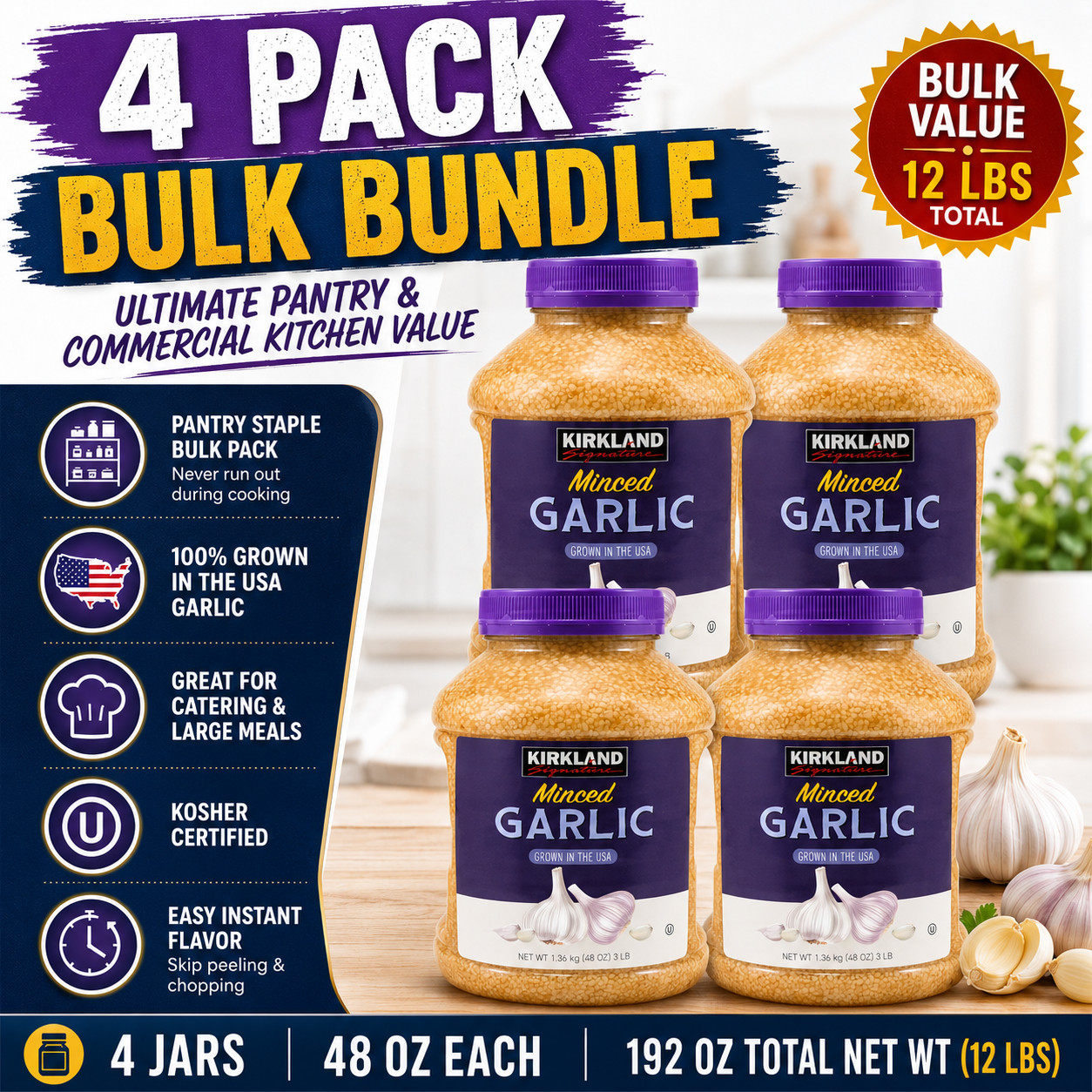 4-Pack Kirkland Signature, Minced California Garlic, 48 oz