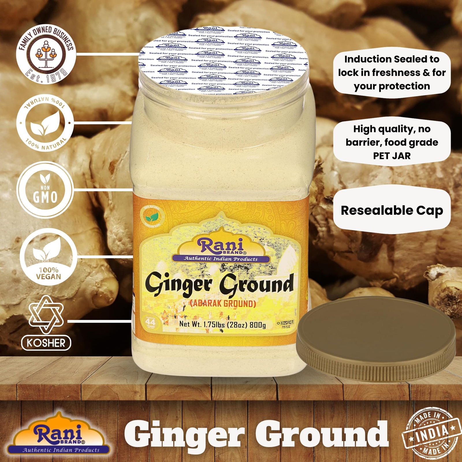 Rani Ginger (Adarak) Powder Ground, Spice 28oz (1.75lbs) 800g PET Jar