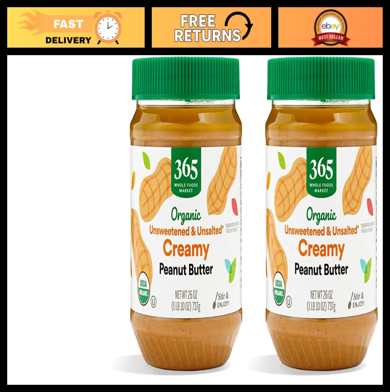Organic Creamy Peanut Butter, Unsweetened & Unsalted, 26oz (Pack of 2) – Healthy