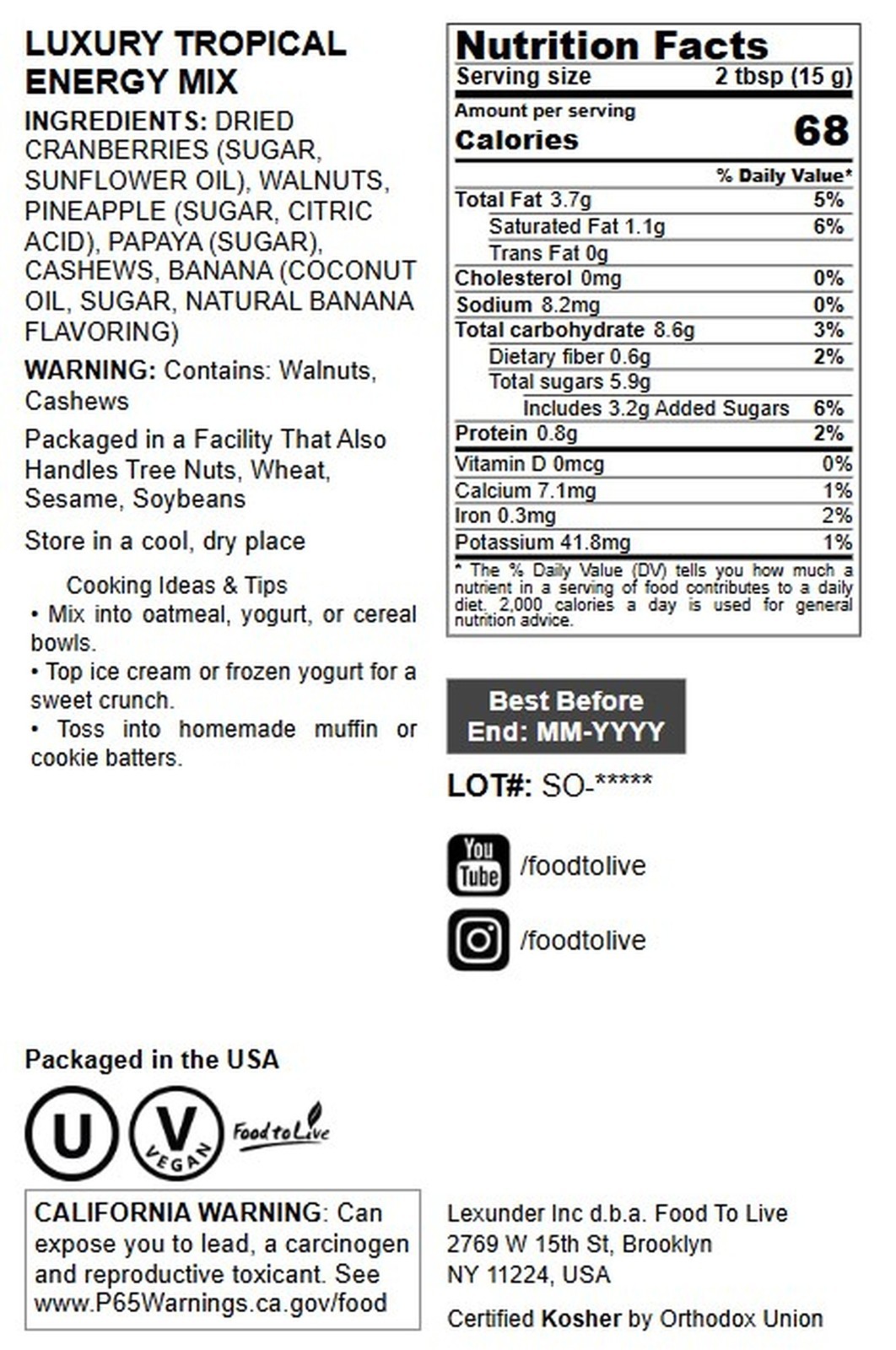 Luxury Tropical Energy Mix – Vegan, Kosher, Bulk – by Food to Live