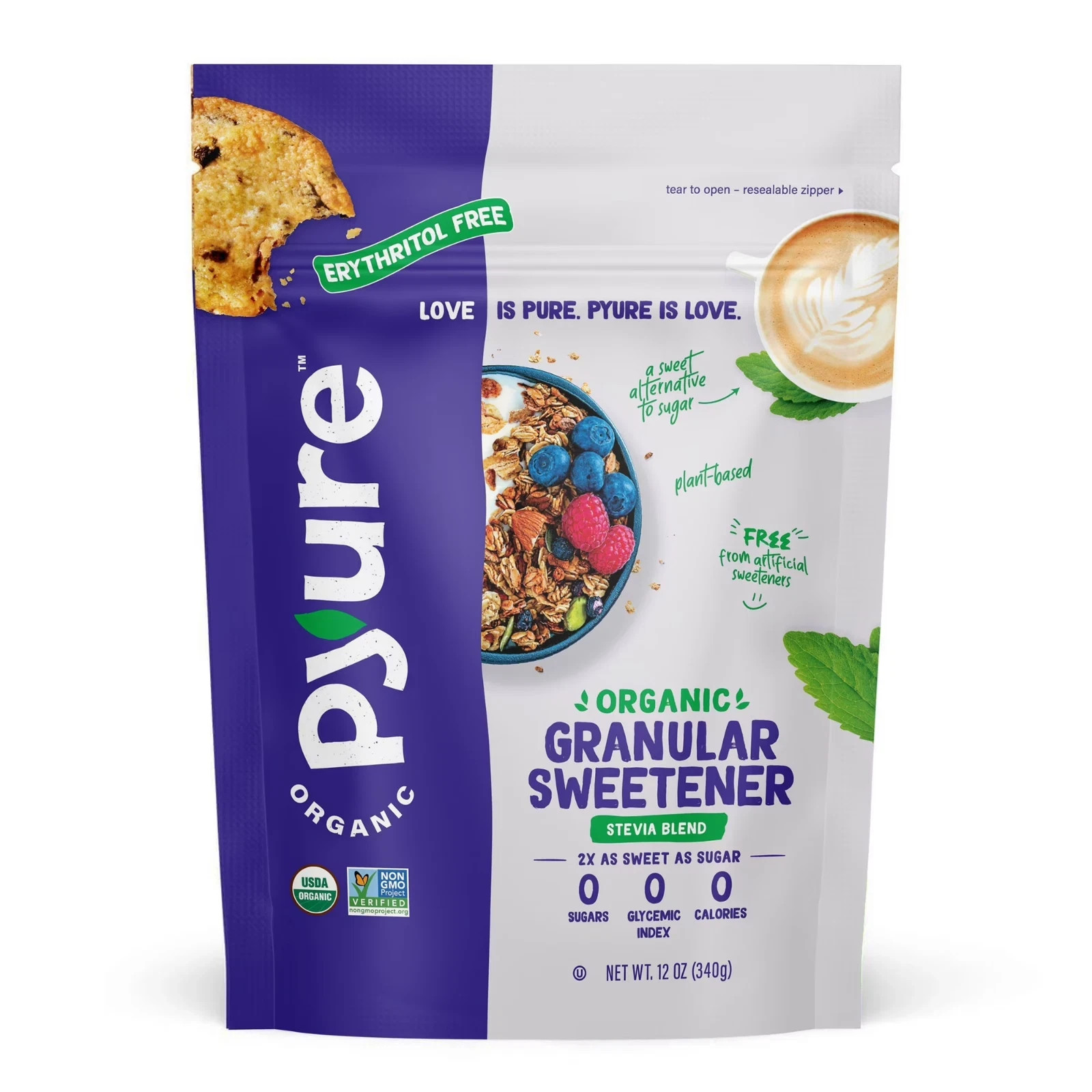 Pyure Organic Stevia Blend 12 Oz Granulated Sugar Alternative Plant Based New