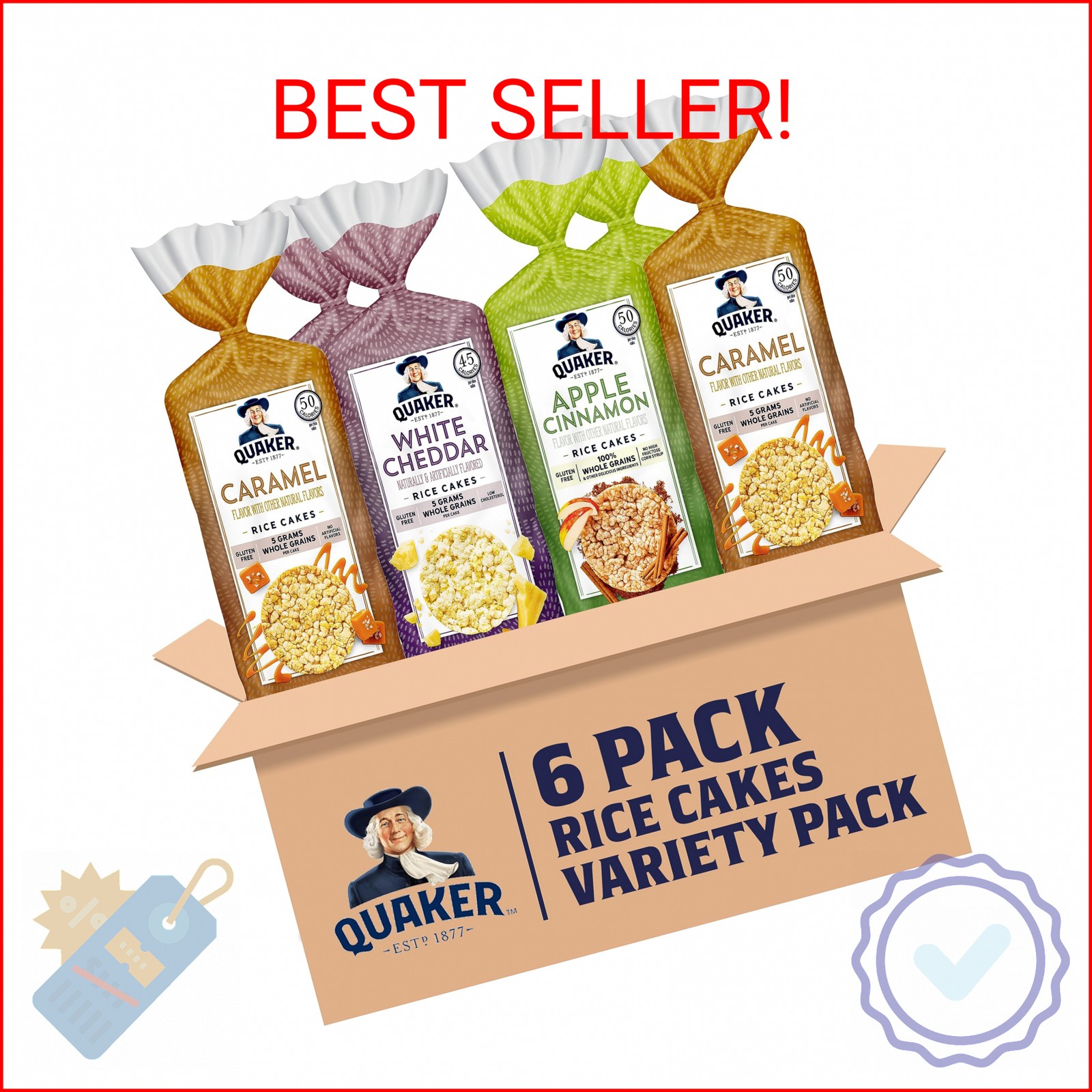 Quaker Large Rice Cakes, Gluten Free, 3 Flavor Variety Pack, 6 Count