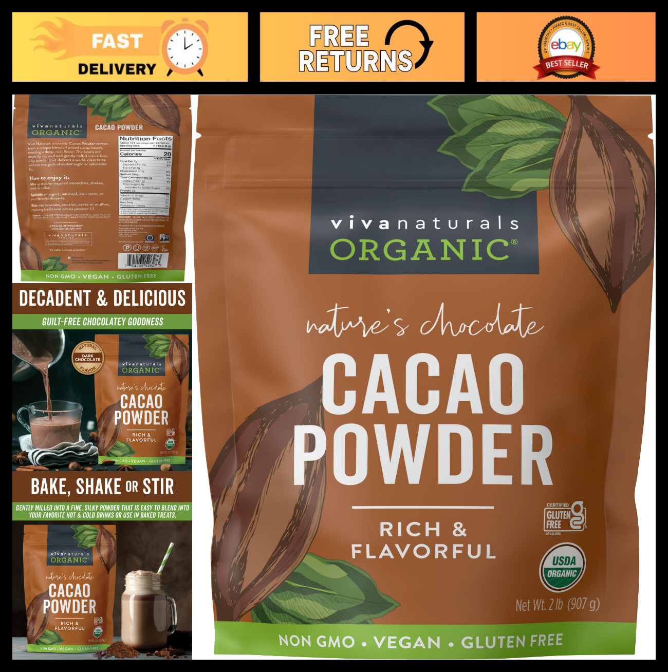 Organic Unsweetened Cacao Powder 2 lb – Rich Dark Chocolate for Baking, Smoothie