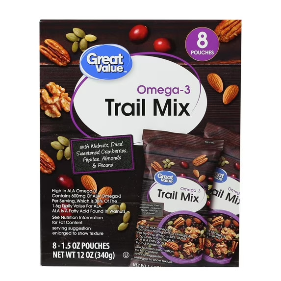 Omega-3 Trail Mix Snack Packs, 1.5 Ounce Single Serve Bags, 8 Count Value Pack