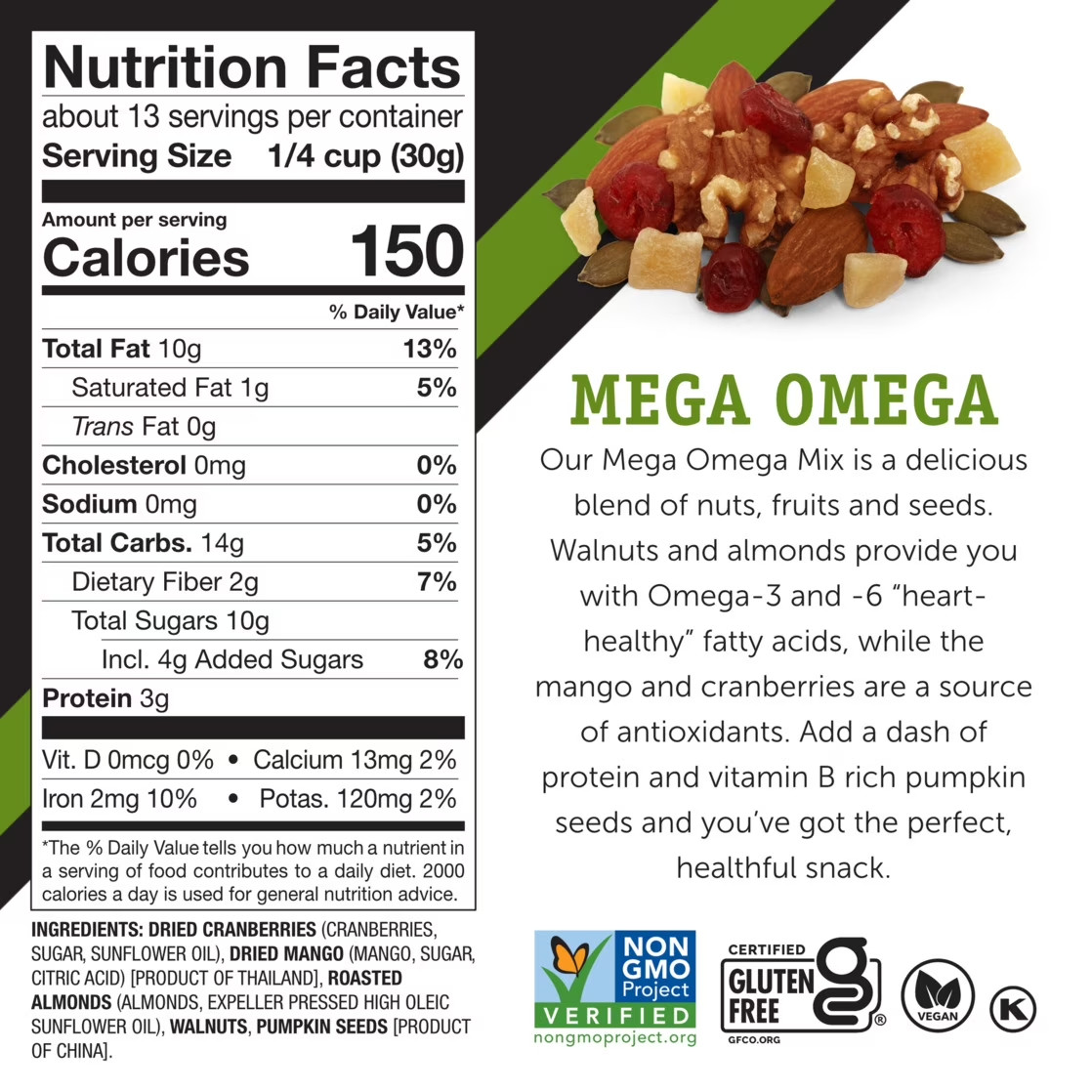 Power Up Mega Omega Trail Mix from Gourmet Nut, Resealable Bag, 14 oz, (3 Pack)