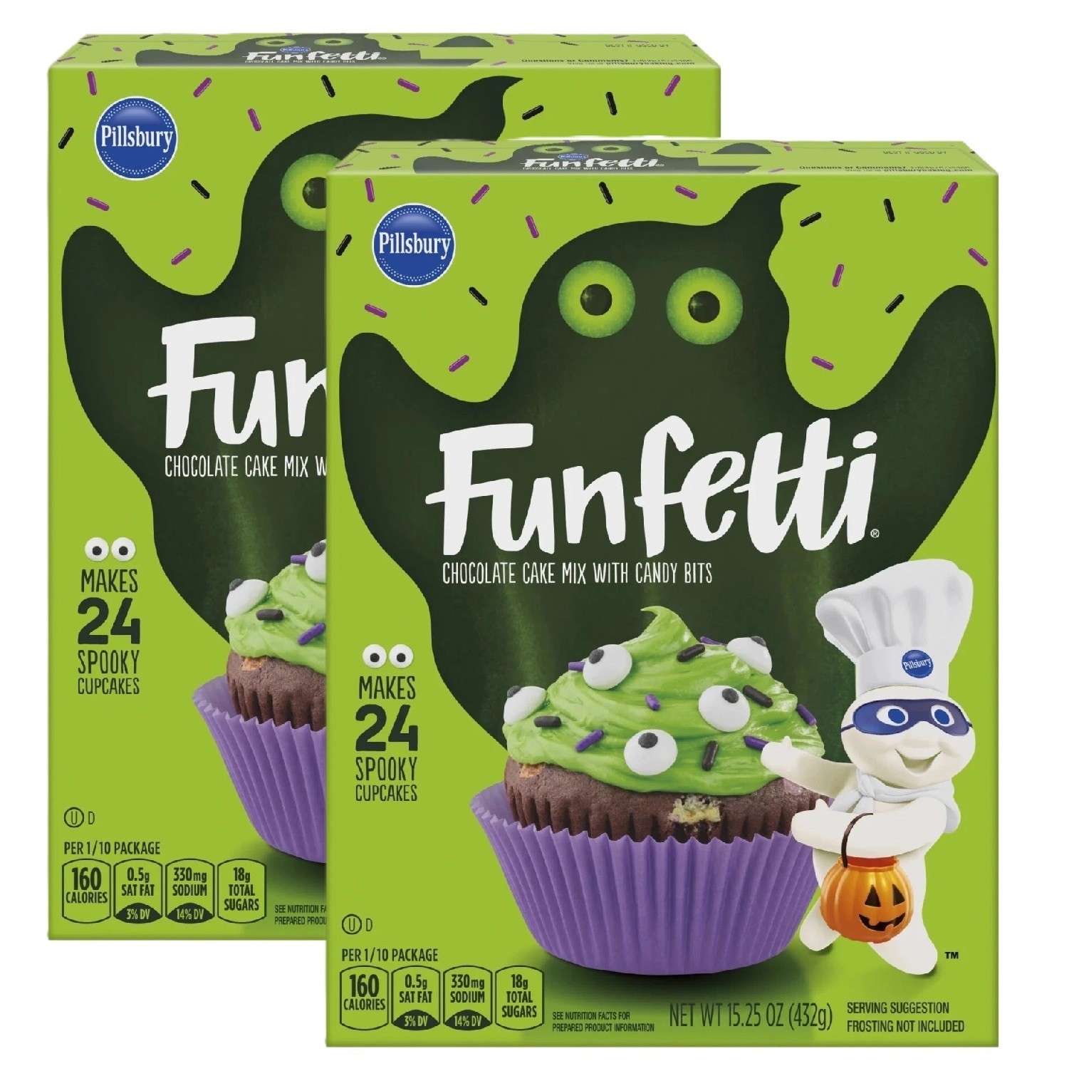 Pillsbury Funfetti Halloween Cake Mix Candy Bits Green Cupcake 2-15.2Oz JAN 2027