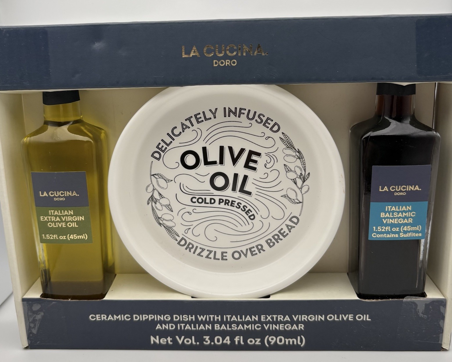 La Cucina Doro Olive Oil & Balsamic Vinegar Dipping Set w/ Ceramic Dish NIB