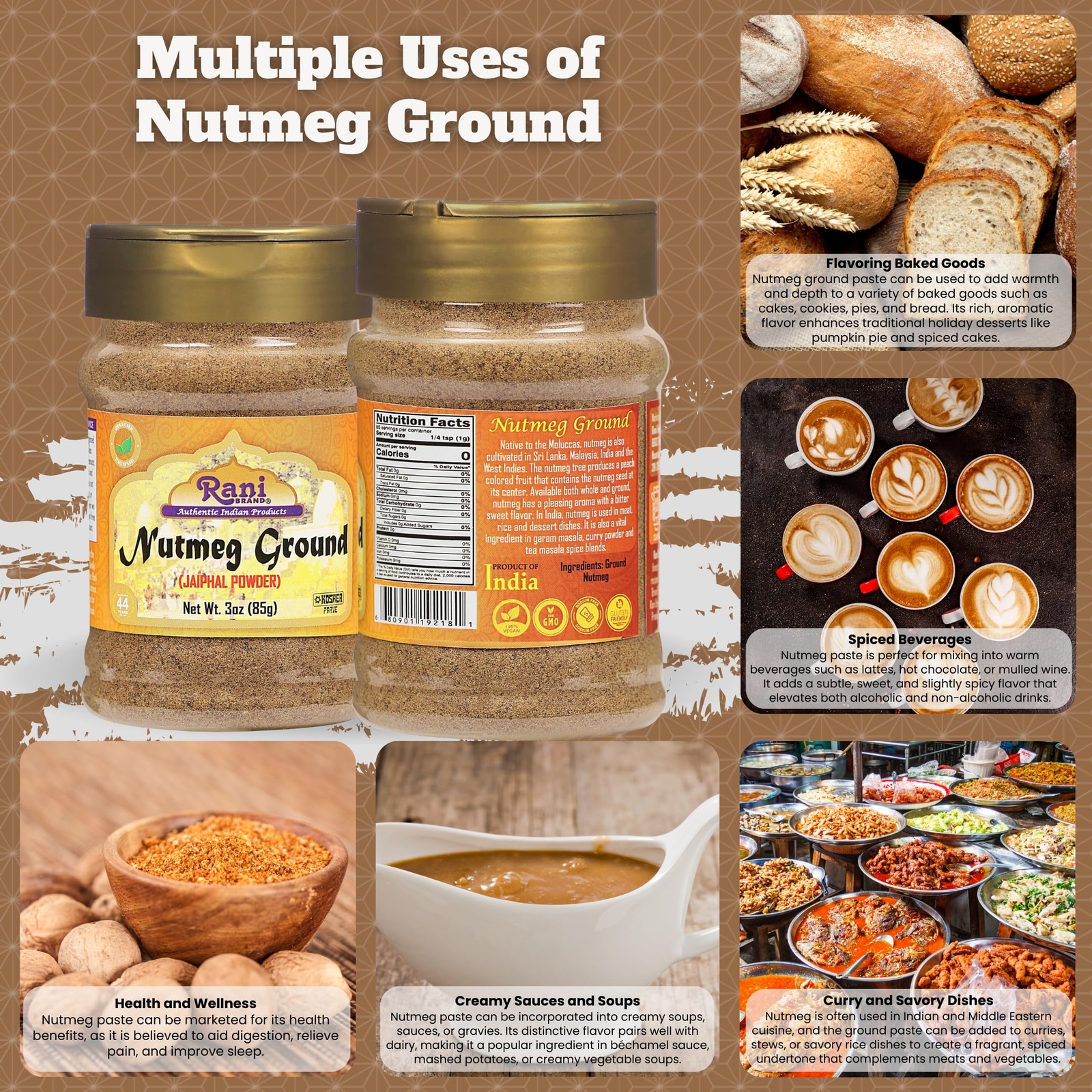 Rani Nutmeg (Jaiphul) Ground Powder Spice, 3oz (85g)