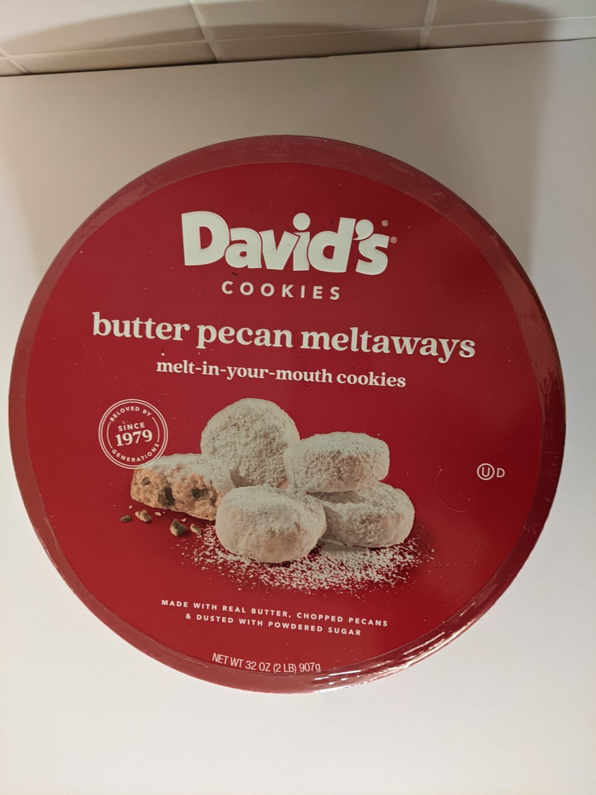 New Sealed David’s Cookies 32 Oz 907g Butter Pecan Meltaways in metal tin