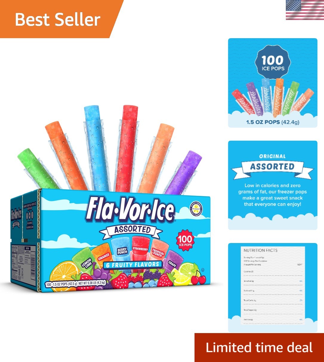 Popsicle Variety Pack of 1.5 Oz Freezer Bars, Assorted Flavors, 100 Count