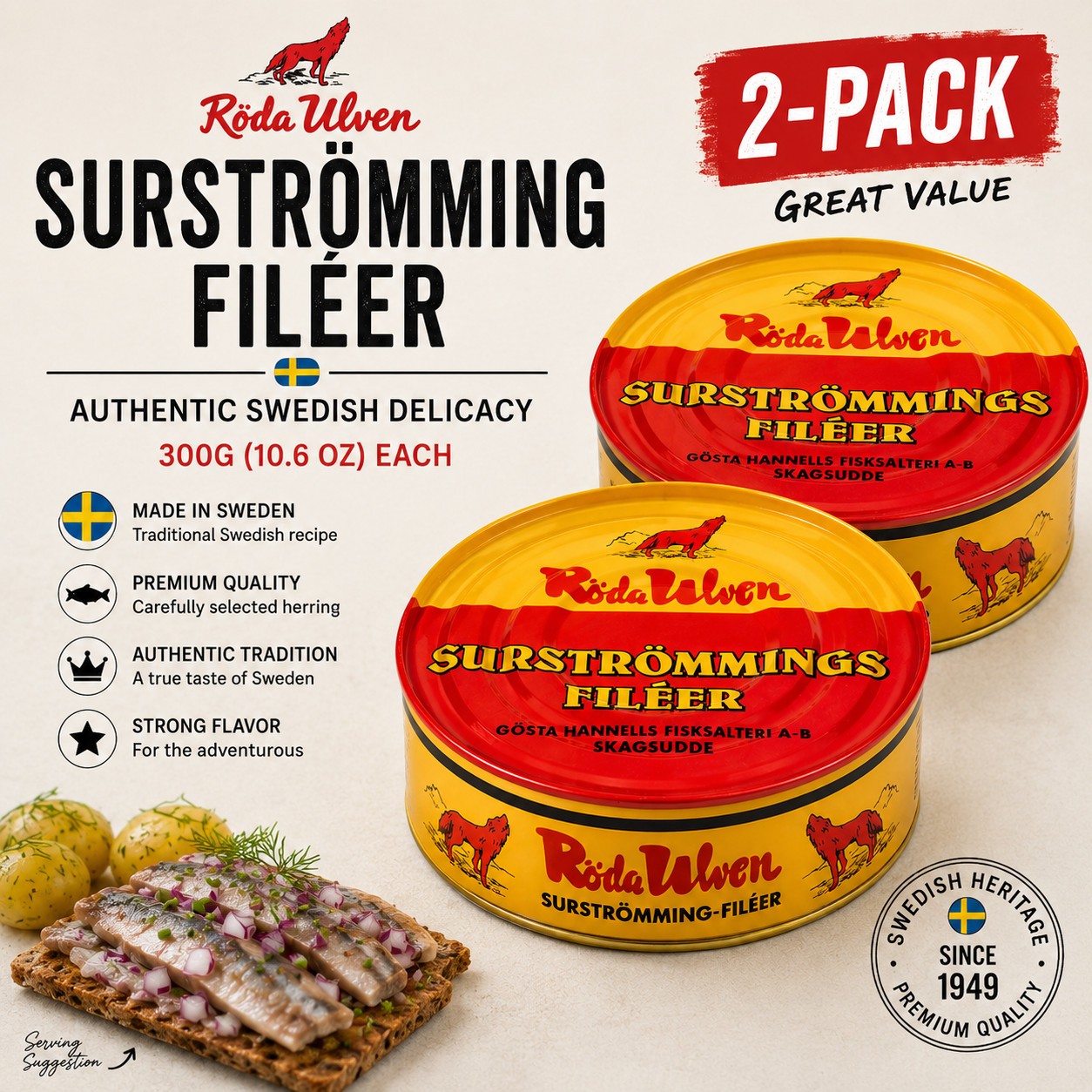 2-Pack Roda Ulven Surstromming Swedish Fermented Herring Fillets 300g (10.6 oz)