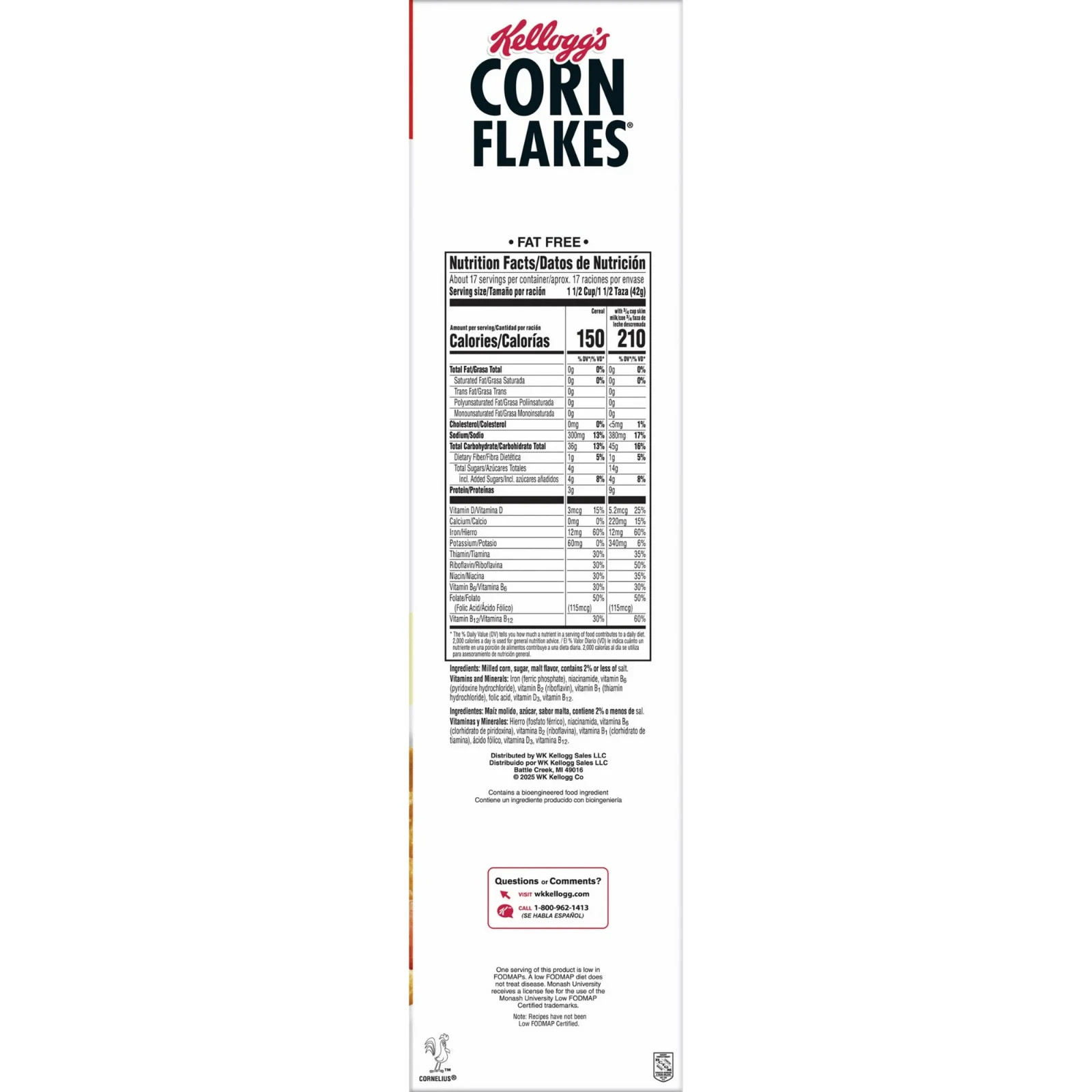 Kellogg’s Corn Flakes Breakfast Cereal, 8 Vitamins and Minerals, Mega Size, 25.2