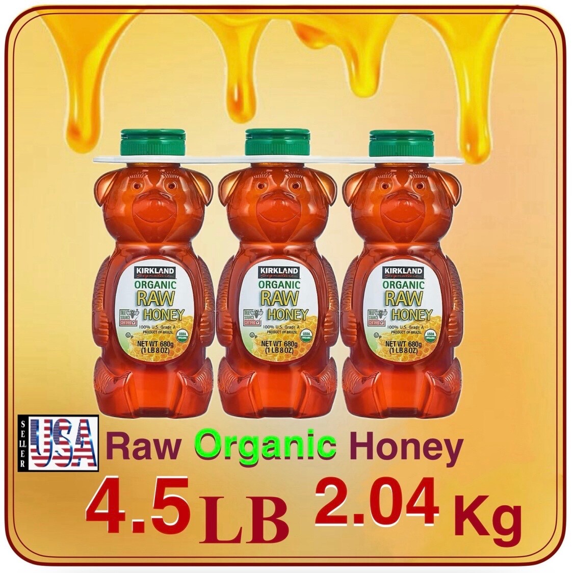 4.5 LB, , 2.04 Kg, Honey, Organic Raw Honey, Kirkland Signature, 3 Count