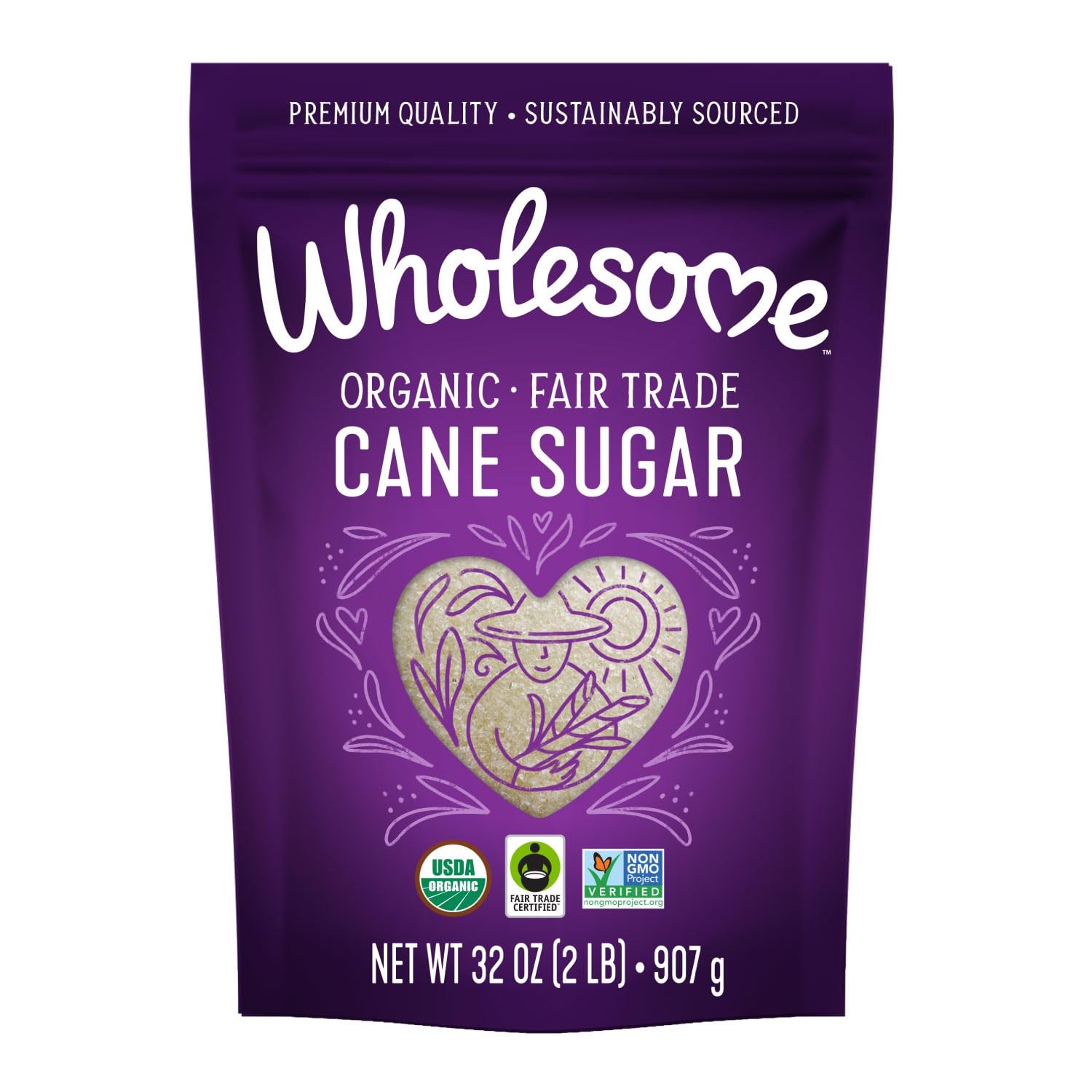 Wholesome Organic Fair Trade Cane Sugar 32 oz Non GMO Gluten Free Sweetener Bag