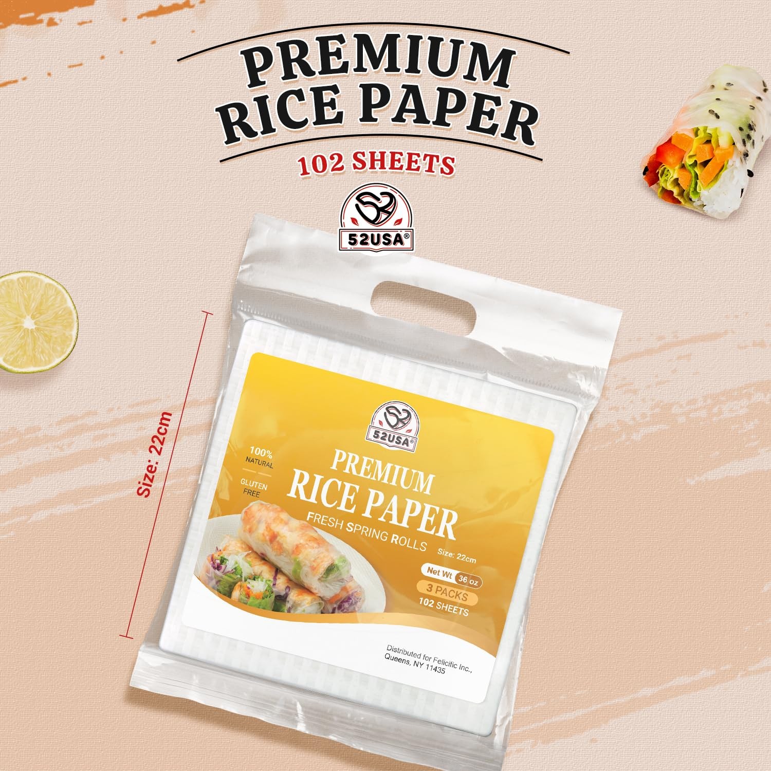 Square Rice Paper Wrappers, 102 Sheets GlutenFree Spring Rolls & Dumplings