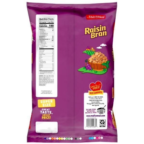 Malt-O-Meal Raisin Bran Cereal,Family Size Breakfast Cereal,39 oz Resealable Bag