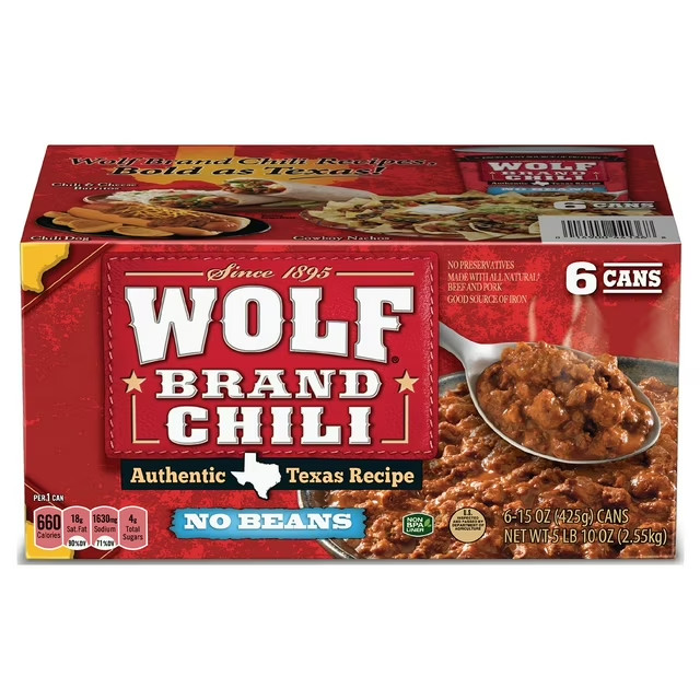 Wolf Brand No Bean Chili 15oz (6 Pack) Classic Texas Style Beef Chili Ready Meal