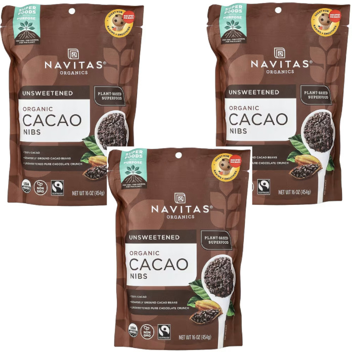 Navitas Organic Cacao Nibs Unsweetened 16 oz Each (Pack of 3)