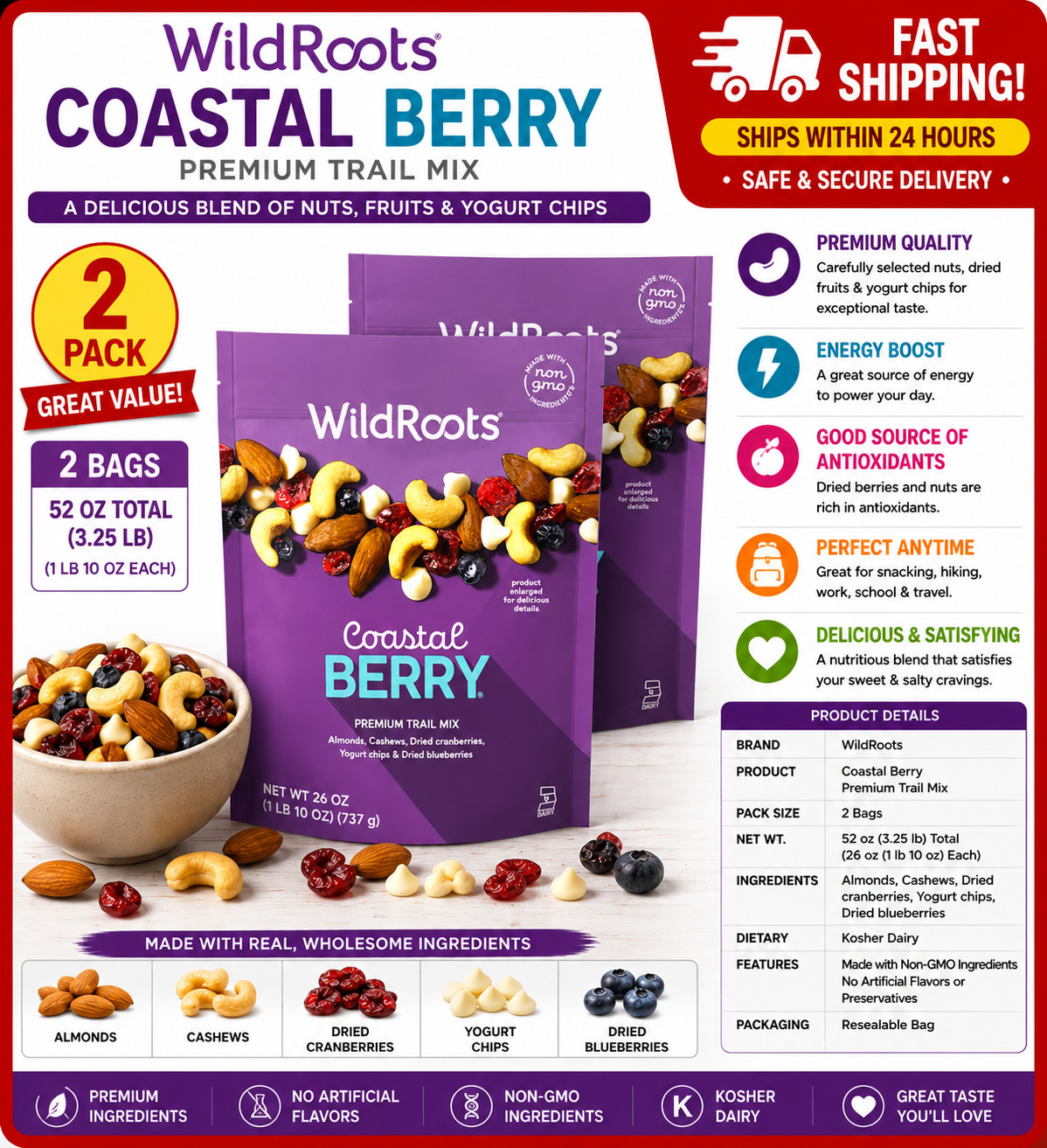 2 Pack WildRoots Coastal Berry Trail Mix 26 oz Each ~ NON GMO