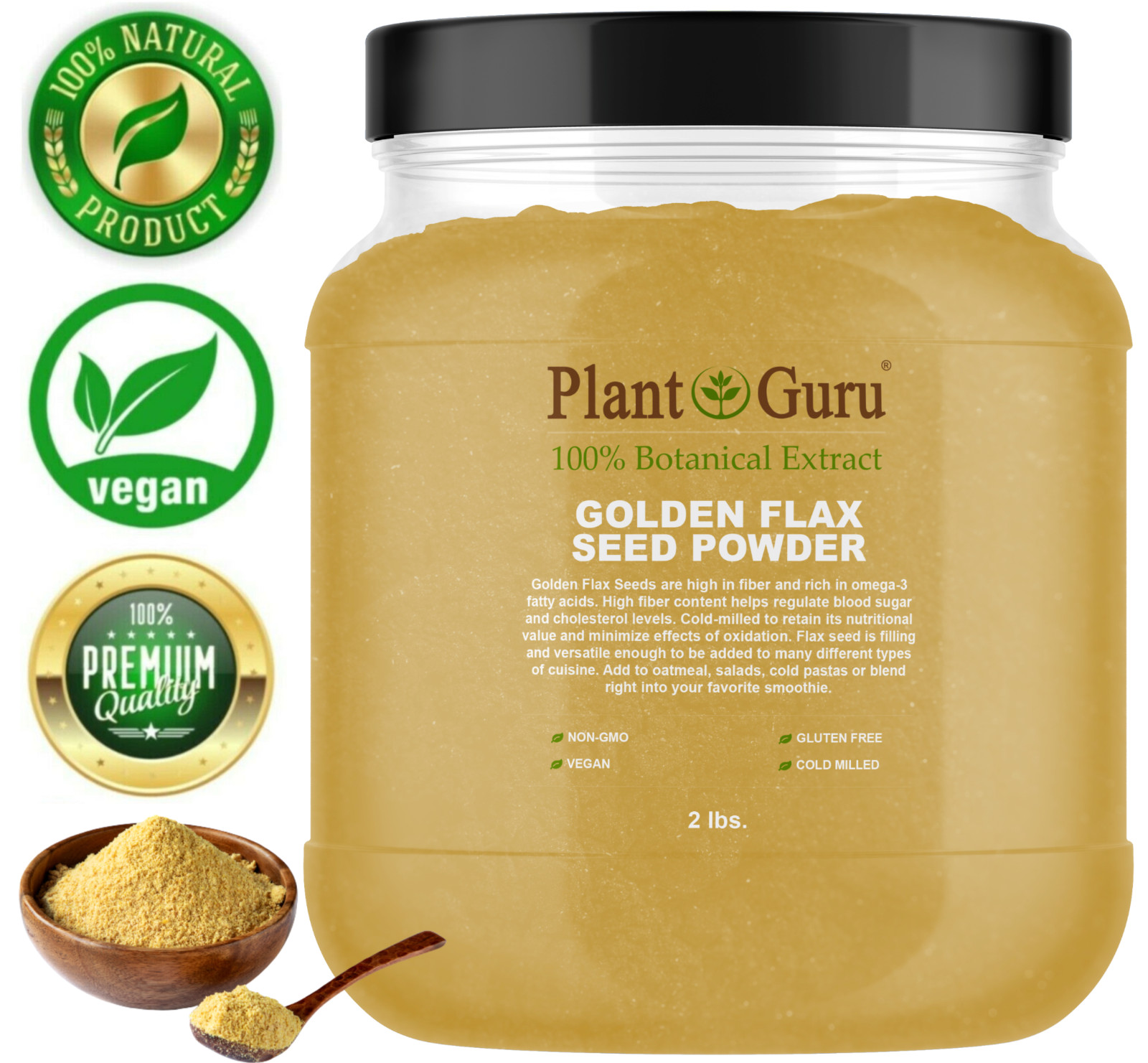 Golden Flax Seed Powder 2 lb. Jar Omega-3 NON GMO Pure Flaxseed Ground Meal Bulk