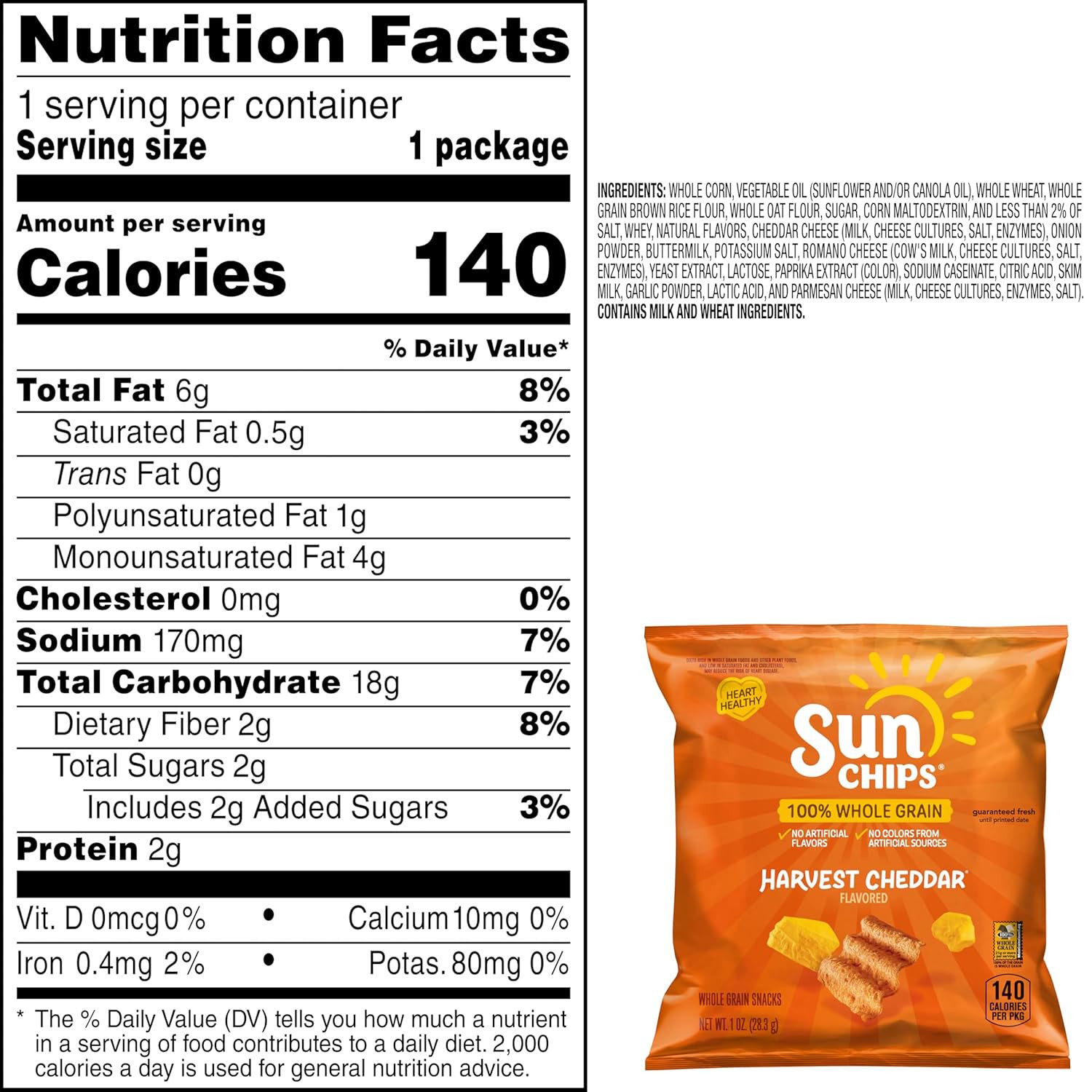 100% Whole Grain Chips, Harvest Cheddar, 1 Oz Bags, Pack of 104, No Artificial F
