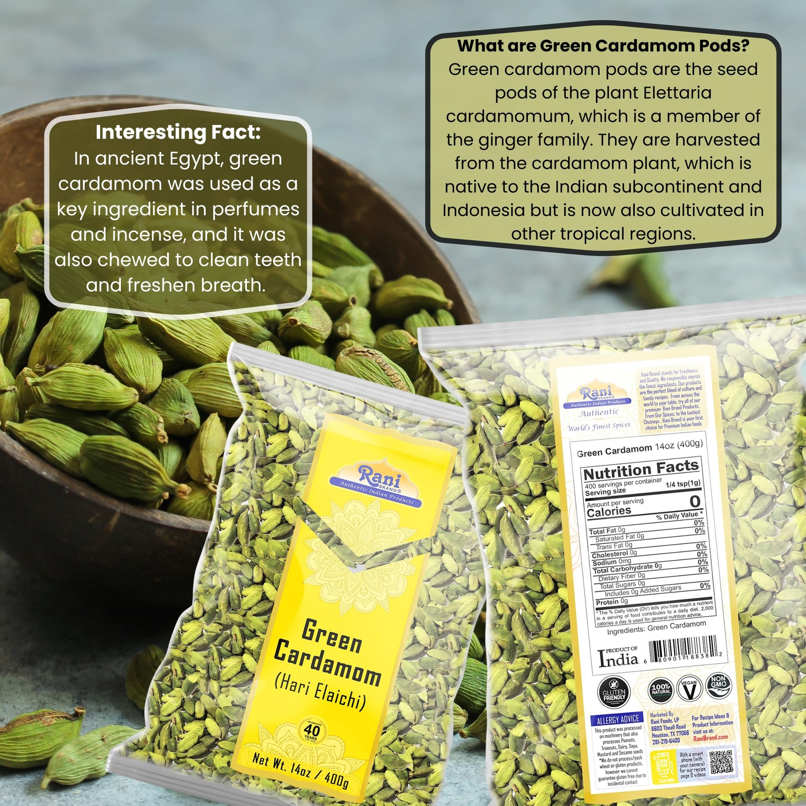 Rani Green Cardamom Pods Spice (Hari Elachi) 14oz (400g)