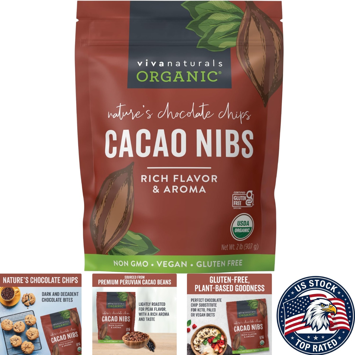 2 LB Organic Cacao Nibs – Gluten-Free Chocolate Chip Substitute for Diets